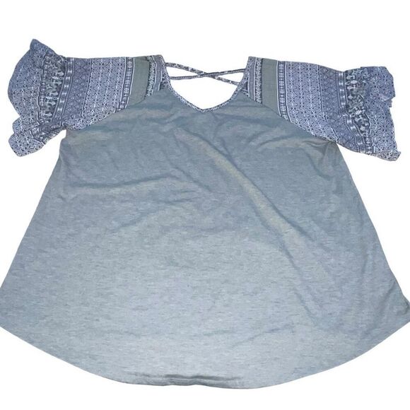 Absolutely Famous Tops - Absolutely Famous Grey & Blue Flutter Bell Sleeve Top - Size 2X